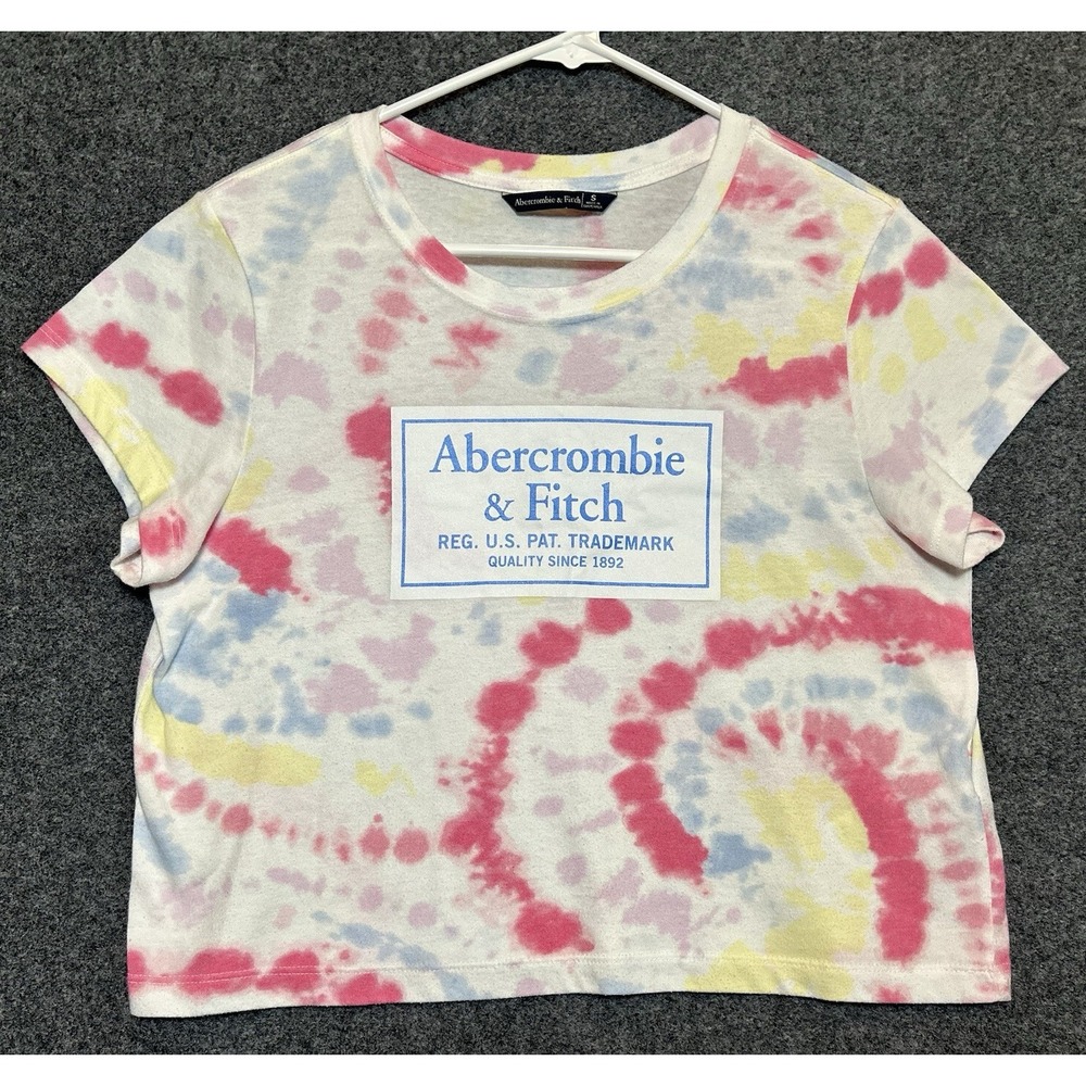 Abercrombie & Fitch Women's Cropped Trademark White T-shirt -Size SMALL-Tie Dyed
